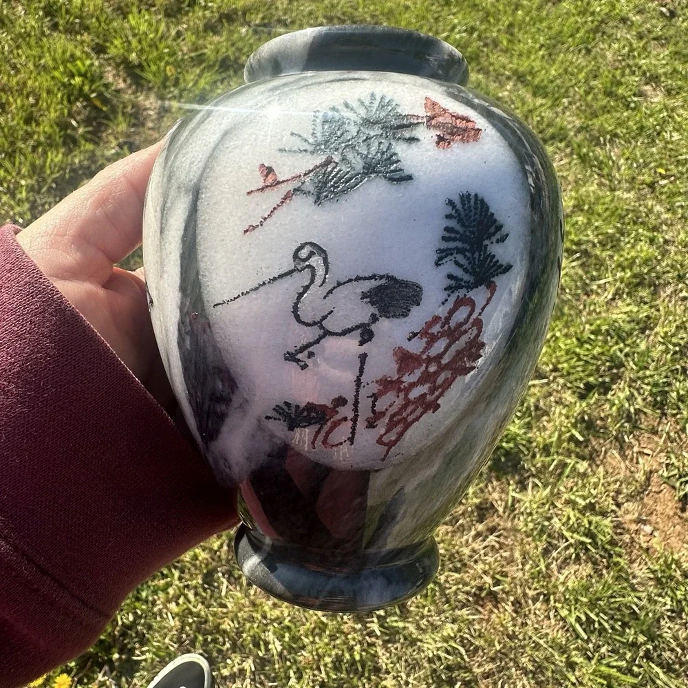 Vintage Chinese Marble Stone Carved Painted Landscape Crane Artwork Flowers Vase
